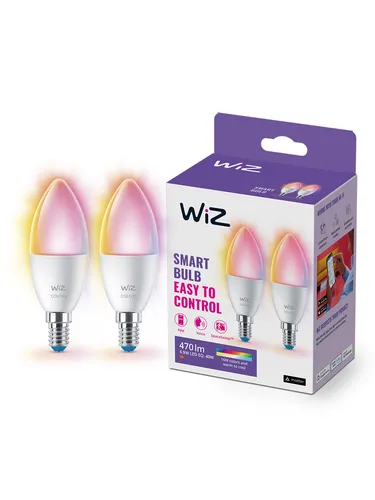 WiZ Kerze C37 E14 Full Color - Doppelpack - Energiesparlampen mit 16 Millionen Farben, steuerbar per Smartphone oder Sprachassistent. Ideal für dekorative E14-Leuchten und für individuelle Lichtgestaltung.