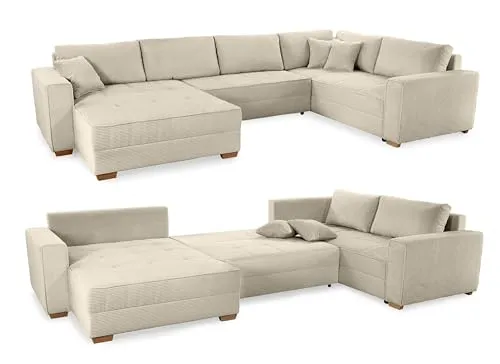 Cord Wohnlandschaft U-Form Sofa mit Schlaffunktion - Beige Grau, 6 Sitzplätze, ideal für Wohnzimmer oder Jugendzimmer, mit praktischem Bettkasten und hochwertiger Schaumpolsterung für optimalen Komfort.