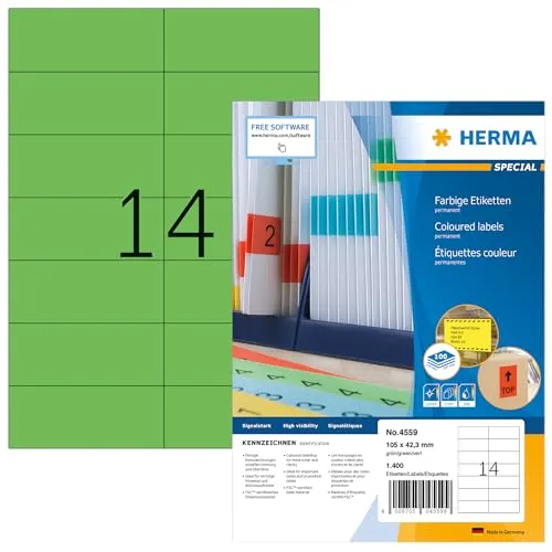 Herma Universaletiketten 4559, grün, 105 x 42,3mm, 100 Blatt - Selbstklebende Etiketten, 1400 Stück in umweltfreundlicher Verpackung. Ideal für Drucker und Kopierer, mit permanentem Haftkleber und 100% recyclingfähig.