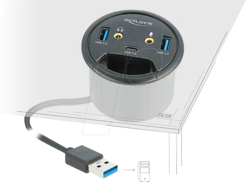 DELOCK 62794 Tisch-Hub - USB 3.0 mit Audio Ports - USB-Hub für Schreibtische mit 60 mm Aussparung, erweitert um 2x USB-A und 1x USB-C Anschlüsse sowie Audio Ports. Mit Abdeckkappe und Kabeldurchführung für sauberen Arbeitsplatz.