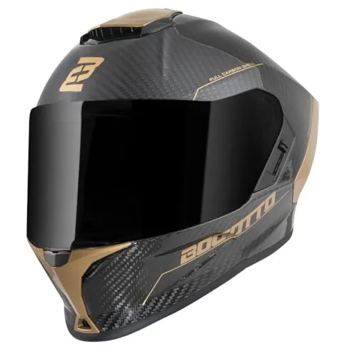 Bogotto Phantom Carbon Helm, schwarz-gold, Größe L für Männer - Motorradhelm aus Carbonfaser mit Ratschenverschluss, leicht und sicher für maximale Fahrfreude.