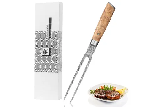Zayiko Tranchiergabel 18 cm aus Damaststahl - Fleischgabel mit 18 cm langen Zinken aus schwarzem Damaststahl und edlem Birken Wurzelholzgriff. Ideal zum sicheren Tranchieren und Wenden von Fleischstücken, inklusive Geschenkverpackung.