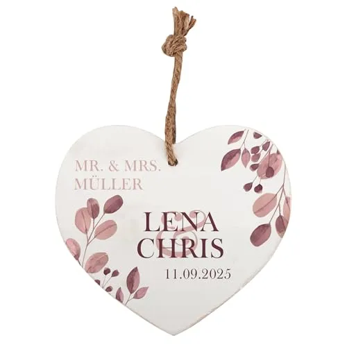 Herz & Heim® Personalisiertes Holzherz mit Namen & Datum – Romantische Wanddeko mit Blumenmotiv – Hochzeitsgeschenk, Jahrestag, Valentinstag – Rustikales Dekoschild mit Juteband (Blätter)