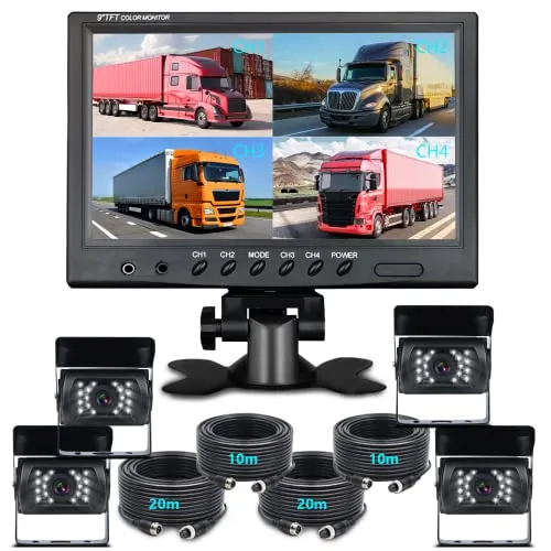 Zoll Rückfahrkamera Set Monitor mit 4 Pin Kabel, 4 Wasserdicht Nachtsicht Spiegel Kameras für LKW Wohnmobil Anhänger Wohnwagen Landwirtschaft, 12V/24V/35V Einparkhilfe Hinten Rückfahrkamera Kabel 9