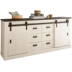 Furn.Design Sideboard Stove in Pinie Weiß - Elegantes Sideboard im Landhausstil, 201 x 91 cm, mit 6 Soft-Close-Schubladen und rustikalem Schiebetürenbeschlag aus Metall für viel Stauraum und pflegeleichte Oberflächen.