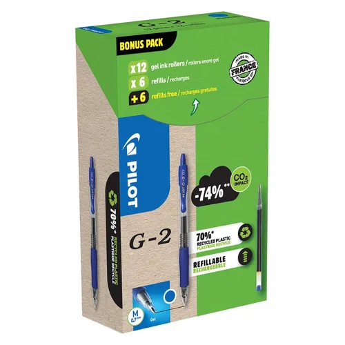 Pilot Gelschreiber G-2 07 Bonuspack 12+12, Blau - Schreibutensilien mit 12 nachfüllbaren Gelschreibern, dokumentenecht und umweltfreundlich aus 70% recyceltem Material. Ideal für Büro und Schule, mit rutschfestem Griff und stabiler Spitze für angenehmes Schreiben.