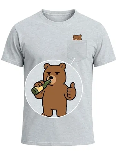 MoonWorks® Herren T-Shirt mit Brusttasche Fun-Shirt mit Bär Brustprint Aufdruckl lustig Daumen hoch Grau-Melange M