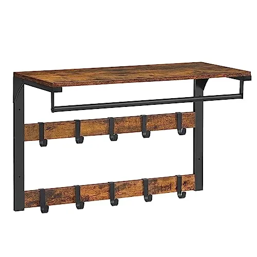 VASAGLE Wandgarderobe mit Ablage und 10 abnehmbaren Haken - Wandgarderobe im industriellen Design mit 3-in-1-Funktion: Regal, Hänger und Kleiderstange, ideal für Flur, Schlafzimmer oder Badezimmer