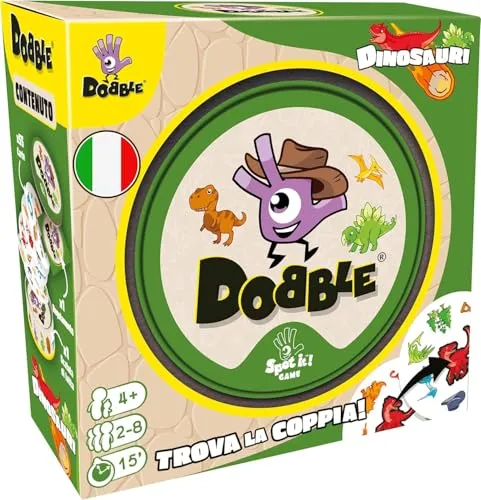 Asmodee Dobble Dinosaurier, Eco-Sleeve, lustiges Brettspiel für die ganze Familie, 2-8 Spieler, 6+ Jahre, italienische Ausgabe