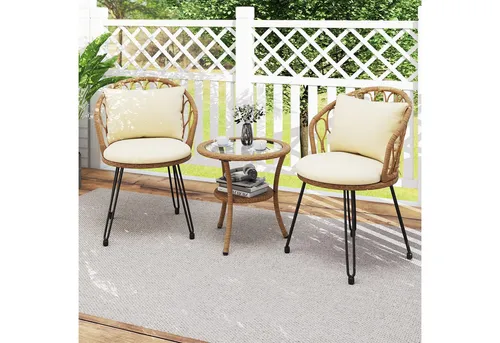 Costway Gartenmöbel Set mit 2 Stühlen und Tisch - Vervollständigen Sie Ihren Balkon mit diesem stilvollen 3-teiligen Set aus robustem, wetterfestem Rattan. Ergonomische Stühle mit bequemen Kissen sorgen für höchsten Komfort. Ideal für entspannte Stunden im Freien.