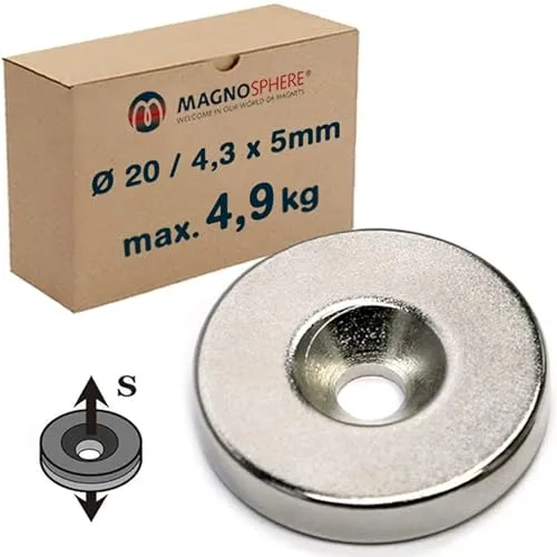 Ringmagnet mit Senkung Ø 20/4,3 x 5mm - Neodym (NdFeB) - Süd (S-Pole) - Haftkraft 4,9 kg - 5 Stück - starke Scheiben-Magnete mit Bohrung und Senkung (Senkbohrung) für Industrie und Zuhause 5 x