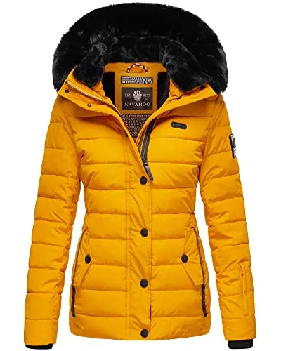 Navahoo Damen Winter Steppjacke Milianaa mit Kunstfell-Kapuze in Gelb, Gr. M - Elegante Damen Steppjacke mit abnehmbarer Kunstfell-Kapuze und tailliertem Schnitt. Hält warm und bietet hohen Tragekomfort. Ideal für Outdoor-Aktivitäten in der kalten Jahreszeit!
