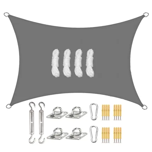 Sunal Sonnensegel Rechteckig 3x4m mit Befestigung Set,PES Polyester Wasserdicht,inkl Befestigungsseile,Für Sonnenschutz auf Balkonen,Gärten und Terrassen,Grau