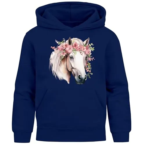 SpecialMe® Kinder Hoodie Mädchen Pferdekopf mit Blumen Mädchengeschenke Pferde Print Aufdruck Navy 140