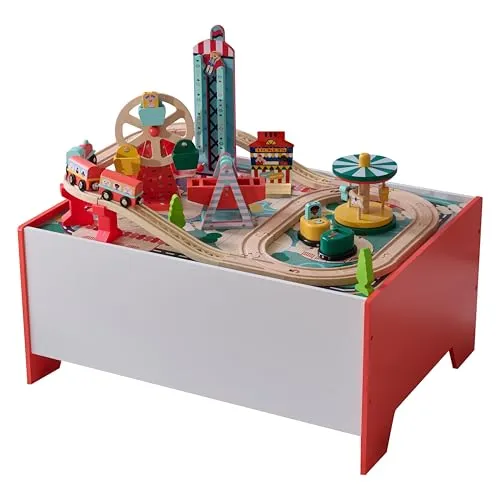 Teamson Kids Eisenbahn Spieltisch mit 6 Mini-Spielen - Züge & Schienenfahrzeugspielsets für Kinder mit interaktiven Holzfiguren und 5 beweglichen Fahrgeschäften – für fantasievolle Abenteuer und kreatives Rollenspiel.