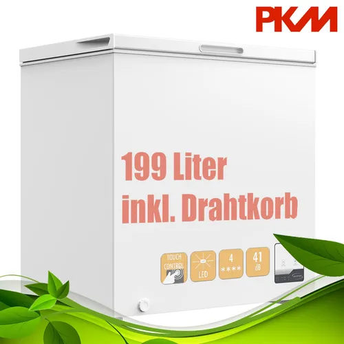 PKM Gefriertruhe 199 L Weiß EEK: D - Tiefkühler mit 199 Liter Nutzinhalt und 4* Klassifizierung, energieeffizient und ideal für kleine Räume, ausgestattet mit Drahtkorb für bequeme Entnahme.