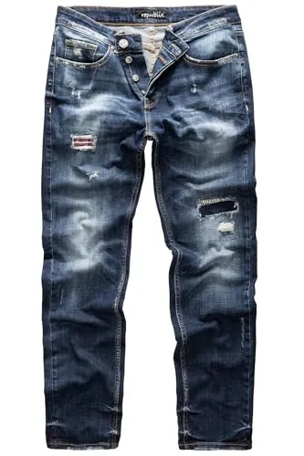 Produktbild REPUBLIX Herren Jeans Regular Straight Fit Denim Hose Dunkelblau mit Patches W38/L34