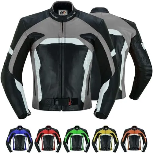 German Wear Herren Motorradjacke Lederjacke mit Protektoren Farbe: Grau, Größe: 56