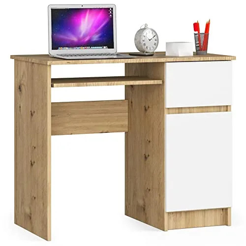 Home Collective Computertisch Bürotisch mit ausziehbarer Tastaturablage, Schreibtisch Laminatplatte mit ABS-Kante, mit 1 Schublade und 1 Tür rechts, 90 x 50 x 77 cm, Artisan Eiche weiß