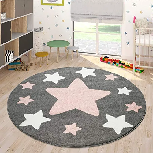 Paco Home Kinderteppich Sterne Grau Rosa Ø 120 cm - Teppich fürs Kinderzimmer mit robustem 100 % Polypropylen Material, pflegeleicht und ideal für eine gemütliche Atmosphäre.