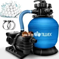 tillvex® Sandfilteranlage 13.200L/h für Pools bis 40.000L - Effiziente Poolfilteranlage mit 7-Wege Ventil und 1200g Filterbällen. Selbstansaugend, robustes Metallgehäuse und integrierte Druckanzeige für optimale Wasserqualität.