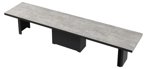 Design Esstisch HE-444 - Ausziehbar von 160 bis 412 cm in Beton und Schwarz Hochglanz - Esstisch mit Synchronauszug und antibac® Beschichtung für höchste Hygiene. Hochglänzende Oberfläche, kratzfest und UV-beständig – perfekt für stilvolle Essbereiche.
