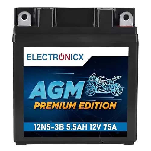 Electronicx, AGM, Premium Edition 12N5.5-3B 12V 5,5Ah 75A CCA Motorradbatterie – wartungsfrei, versiegelt, kompakt, zuverlässig, hochwertig, kompakt 118 x 58,4 x 129 mm – Roller, Mofa,Quad & Motorrad