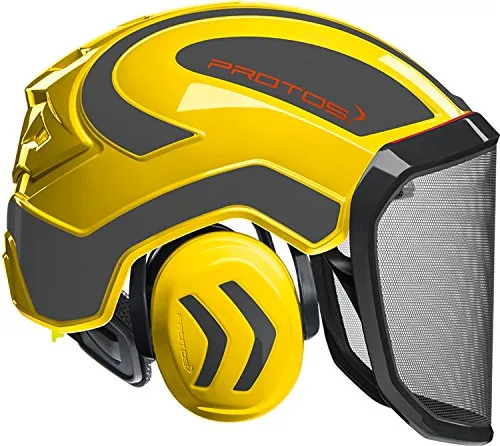 Protos Integral Forest - Forsthelm (gelb/grau) mit Visier - Forstwirtschaftlicher Helm, hergestellt in Deutschland, bietet optimalen Schutz und Komfort für Forstarbeiter.