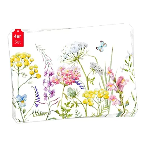 Tischsets | Abwaschbare Platzsets – Blumenwiese Aquarell bunt – 4er Set – 44 x 32 cm – Rutschfeste Tischdekoration - Bringe Farbe auf deinen Esstisch mit unseren abwaschbaren Tischsets im Blumenwiesen-Design! Die robusten Vinylsets sind hitzebeständig und pflegeleicht – ideal für jeden Anlass. Perfekt als Geschenk oder für deine eigene Tischdekoration.