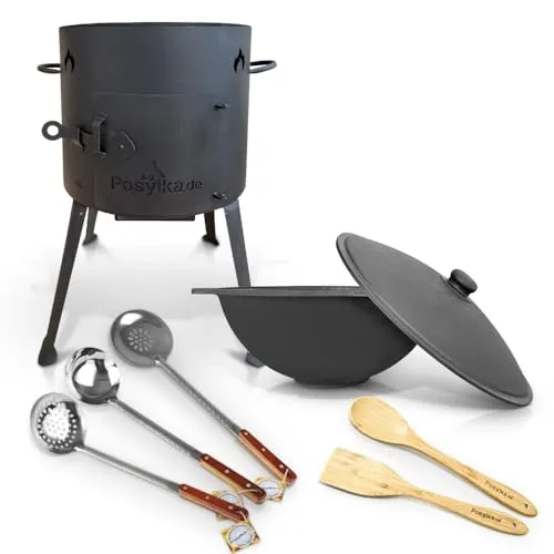 Utschak Feuerofen mit Gusseisen Topf flacher Boden mit Deckel (10 L) Kazan 2 Schaumlöffel 48 cm Schaumkelle 48 cm Spatel und Löffel 35 cm KazanoFF, Учаг, Camping, Kasan, Gulaschkanone Oven (Set 6)