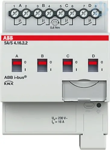 ABB SA/S4.16.2.2 Schaltaktor - 4fach, 16 A, REG - Steckverbinder für KNX-Systeme, schaltet 4 Ausgänge mit 16A, ideal für effiziente Steuerung elektrischer Verbraucher und bietet Handbedienung und LED-Anzeige.