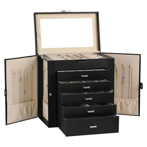 Frebeauty Große Schmuckschatulle, 6-stöckig, PU-Leder, Schmuck-Organizer, multifunktionale Aufbewahrungsbox mit Spiegel, Zubehörhalter mit 5 Schubladen für Halsketten, Armbänder, Uhren (schwarz)