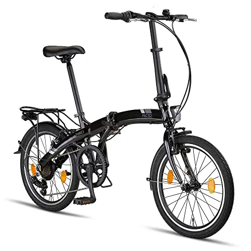 PACTO Three Klapprad 20 Zoll mit Schnelles Faltsystem (10 Sek), Aluminiumrahmen, Leichtgewicht (14KG), 6 Gänge, V-Bremsen und LED-Licht (Schwarz)