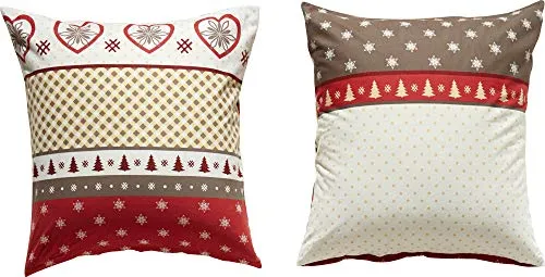 Erwin Müller Kissenbezug, Kissenhülle Flanell Herz, Norweger-Muster braun-rot Größe 80x80 cm - flauschig warm, temparaturausgleichend, pflegeleicht, mit Reißverschluss (weitere Größen)