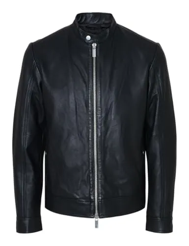 SELECTED HOMME ARCHIVE CLASSIC LEATHER JKT - Elegante Lederjacke in Schwarz XXL - Funktionsjacke aus 100% Lammleder, modischer Bikerkragen und praktische Eingrifftaschen für einen stilvollen Look.