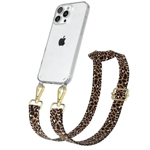EAZY CASE Handykette - Verstellbares Taschenband kompatibel mit iPhone 16 Pro Max, Schulterriemen, Handykordel mit Silikon Hülle, Umhängetasche, Leo - Schwarz Braun Gold