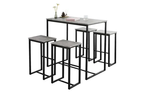 SoBuy OGT15-HG Bartisch mit 4 Barhockern - Essgruppen: Stilvolle 5-teilige Sitzgruppe in grau, ideal für Küche oder Garten, mit stabiler MDF-Tischplatte und pulverbeschichtetem Metallgestell.