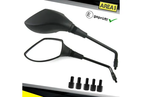 Area1 Motorradspiegel Set mit 5 Adaptern – E-geprüft - Hochwertiges Motorrad Rückspiegel Set von Area1, inklusive 2 Spiegeln und 5 Adaptern. E-geprüft für legale Verwendung, modernes Design und stabile Verarbeitung für optimale Sicht und Sicherheit.