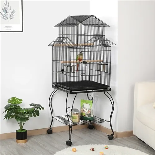 Yaheetech Vogelkäfig 59 x 59 x 139,5 cm, Sittichkäfig mit abziehbarem Ständer, Voliere für Wellensittiche und Papageien, schwarz