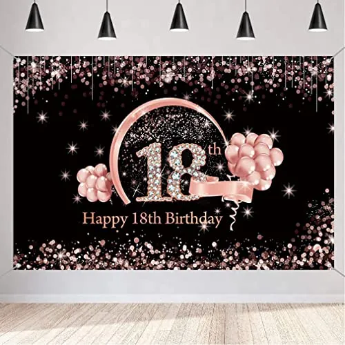 Happy 18th Birthday Dekorationen Hintergrund Banner für Mädchen, Happy 18 Years Old Stoffschild, Poster, Party-Dekoration, Schwarz und Rotgold, Fotografie-Hintergrund, 18. Geburtstag, Partyzubehör