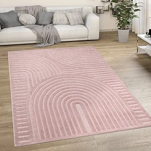 Paco Home Outdoor Teppich wetterfest & langlebig Moderne Boho-Designs mit 3D-Effekt Skandi-Look UV-beständig & robust für Balkon, Garten, Wohnzimmer & Küche, Grösse:120 cm Rund, Farbe:Pink 4
