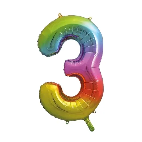 Unique Party Supplies 56803 Riesenzahl 3 Luftballon - 86 cm - Regenbogenfarben