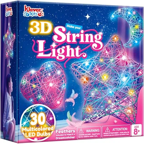 Klever Kits 3D-Fadenkunst-Set für Kinder - Malsets für Kinder: Kreatives Bastelset für Kinder von 8 bis 12 Jahren mit 30 bunten LED-Lichtern, ideal für individuelle Laternen und fördert Kreativität und motorische Fähigkeiten.