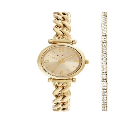 Fossil Damen Analog Quarz Uhr ES5387SET - Elegante Armbanduhr für Damen mit goldfarbenem Zifferblatt und Edelstahlarmband, wasserdicht bis 50 m – perfekt für jeden Anlass.