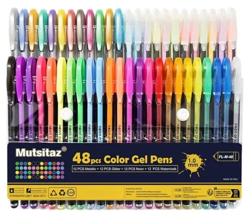 Mutsitaz 48 Stück Gelschreiber Gelstifte Set Inklusive Glitter Metallisch Pastell 4 Arten für Zeichnen Schreiben Erwachsene und Malbücher