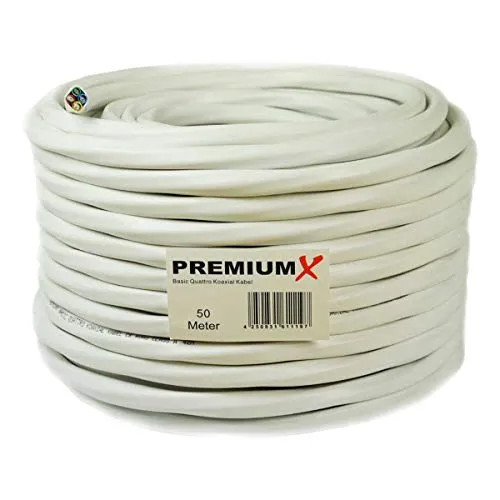 Premium X 50m Quattro Quad Koaxial SAT Kabel 90dB - HiFi-Kabel mit 4 einzeln geschirmten Leitungen für schnelle Installation > ideal für Quattro/Quad LNB zu Multischalter, inkl. 24 F-Steckern für Zeitersparnis!
