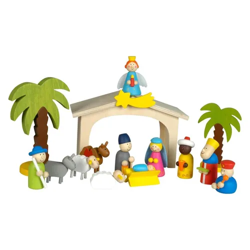 Kinder Weihnachtskrippe Holz mit bunten Spielfiguren 8 cm