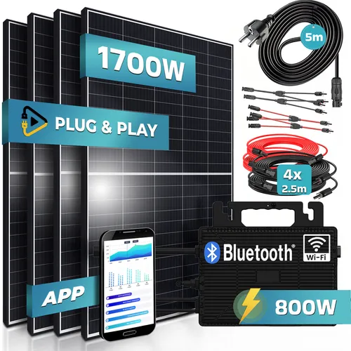 SUNNIVA Balkonkraftwerk 1700W/800W - Komplettset für einfache Installation - Balkonkraftwerke: Plug&Play-System für Balkon, Garten und Dach. Inklusive 4x 425W Solarmodule und 800W Micro Wechselrichter für nachhaltige Energie.
