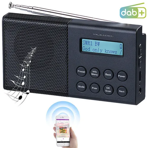 VR-Radio Kofferradio: DAB+ FM-Taschenradio mit Bluetooth 5 - Tragbares DAB+ FM-Radio mit Bluetooth 5 für kabellose Musikübertragung. Ideal für Reisen, Wandern und Camping. Integrierter Wecker und großes beleuchtetes Display für besten Komfort.