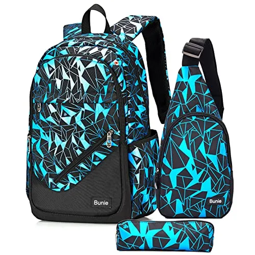 bunie Schulrucksack für Jungen und Mädchen - Schultaschen-Set mit 3 Teilen: Rucksack, wasserabweisend und Federmäppchen. Ideal für Schüler von 9 bis 21 Jahren, mit großem Stauraum für Laptop und Schulsachen.